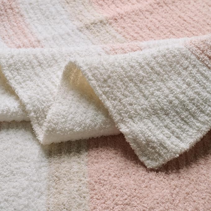 Throw Blanket, Soft Cozy Fluffy Striped Throw Blankets for Couch, Sofa, Bed, Chair, Warm Fuzzy Plush Lightweight Decorative Stripe Blanket, Pink Khaki, 50x60 inches