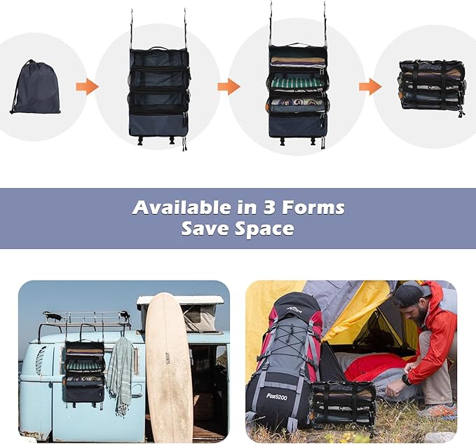 Surblue Travel Hanging Luggage Organizer Portable Suitcase Closet Organizer Multiple Compartments Collapsible Compression Packing Cubes Shelf, Navy, M