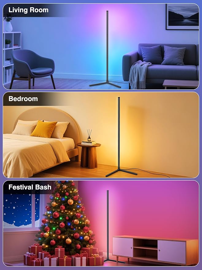 RIYO LED Corner Floor Lamp App Remote Control Music Sync Ambient Lamp | 16 Million Colors, 68+ Scene Modes, Ambient Lighting for Living Room, Bedroom, and Gaming Room