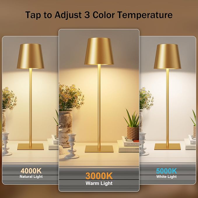 Gold Cordless Rechargeable Table Lamp, 2 Pack Portable Desk Lamp with 5000mAh Battery, Touch Control Stepless Dimming, Wireless Night Light for Dining, Outdoor Camping, Coffee Shop, Water Repellent | 5000mAh, Touch Control, 3 Color Modes Stepless Dimmi...