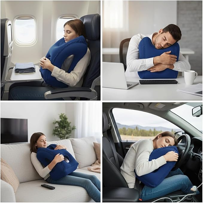Inflatable Travel Pillows for Airplane, Blow Up Neck Pillow for Sleeping for Long Flight Support Neck,Head & Shoulder, Used for Travelling Car/Airplane/Office Nap-Comes with Eye Mask and Earplugs_Blue