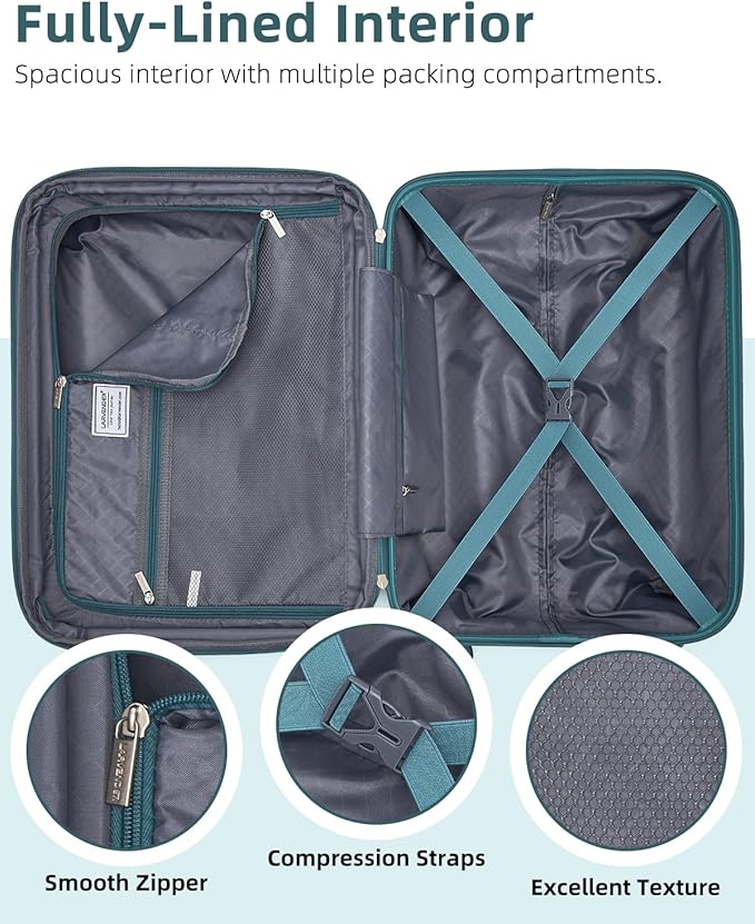 LARVENDER Carry on Luggage 22x14x9 Airline Approved, Expandable 20 Inch Hardside Suitcase with Wheels TSA Lock, PC+ABS Lightweight Carry on Suitcases for Women and Men, Lake Green (20/DB/TB)