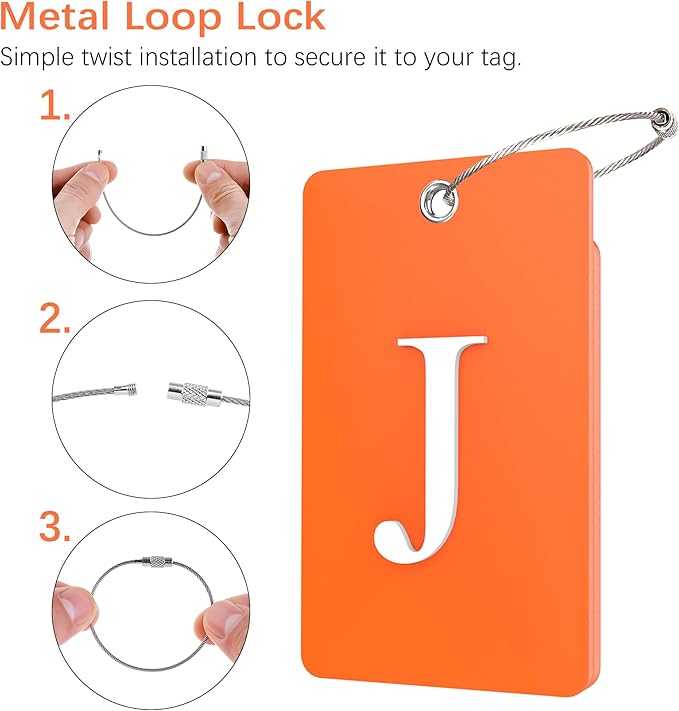 Gostwo 2 Pack Luggage Tags for Suitcases, 26 Initial Letter Travel Luggage Baggage Identification Labels ID Tag Fully Bendable Tags with Stainless Steel Loop (Orange) (Letter J)