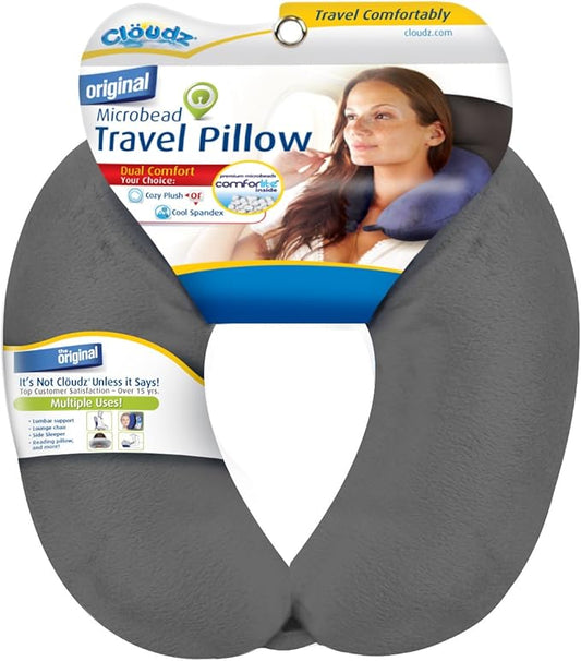 Cloudz Dual Comfort Microbead Airplane Travel Neck Pillow. Super Soft Cozy Plush Fabric on One Side, Cool Relaxing Spandex on The Other! Customize Your Comfort and Support at Home or On The Go! Grey