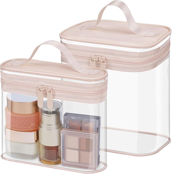 PACKISM Clear Toiletry Bag Combo Pack - 1 TSA Approved Medium & 1 Large Makeup Bag for Checked Luggage, Clear PVC Travel Bag with Handle, Dual Metal Zippers, Water Resistant Large Opening, Pink