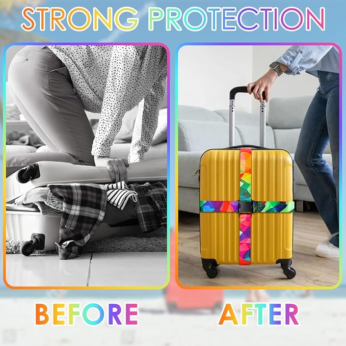 Gutsdoor Luggage Straps for Suitcases Adjustable Travel Belt, Connector Holds Suitcase Bright Colorful Identifiers Travel Bag Accessories (Colorful Geometry)