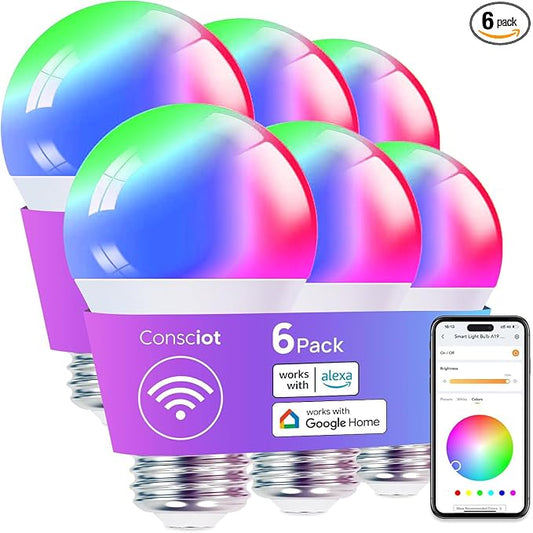 Consciot A19 Smart Light Bulbs, 800 Lumens, 6-Pack | Color Changing Smart Bulbs, 60W Equivalent, Works with Apple Home, Alexa, Google Home & SmartThings, Dimmable LED