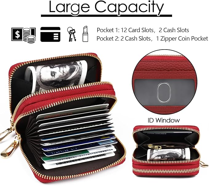 imeetu RFID Credit Card Holder, Small Leather Zipper Card Case Wallet for Women