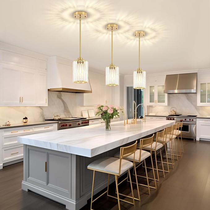 Brushed Brass Pendant Light Fixtures Over Island Modern Kitchen Lighting | 2 Pack Adjustable Hallway Ceiling Lights, Crystal Hanging Pendant Lights for Dining Room Bathroom Entryway Above Sink