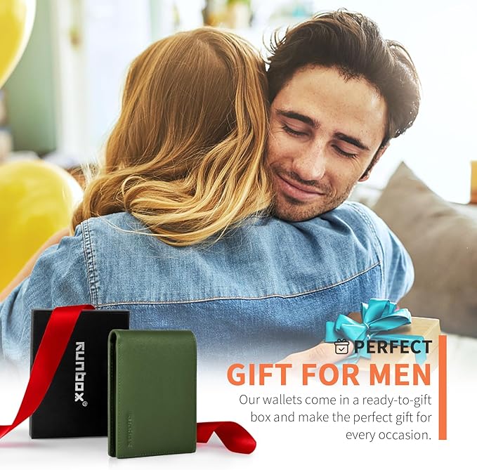 RUNBOX Leather Wallet for Men, Genuine Leather Mens Wallet Bifold Rfid Blocking with 12 Cards and 2 ID Windows, Minimalist Wallet for Men with Gift Box