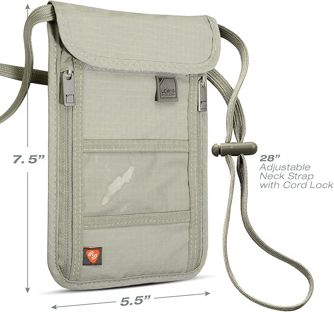 Lewis N. Clark RFID Blocking Stash Neck Wallet, Travel Pouch + Passport Holder for Women & Men, Taupe