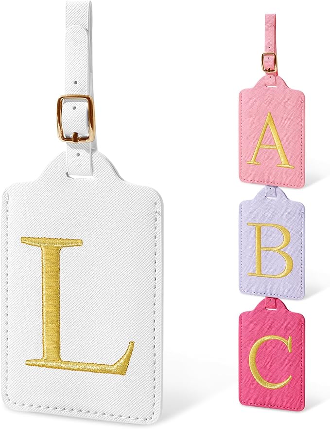 Personalized Initial Luggage Tags for Suitcases, Cute PU Leather Embroidered Letter Travel Luggage Tags, Suitcase Identifier Name Baggage Tag, Bag Tags for Men Women Kids Luggage Handbags(White L)