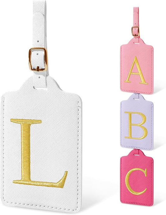 Personalized Initial Luggage Tags for Suitcases, Cute PU Leather Embroidered Letter Travel Luggage Tags, Suitcase Identifier Name Baggage Tag, Bag Tags for Men Women Kids Luggage Handbags(White L)