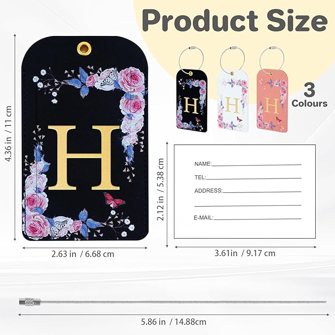 3 Pack Luxury Floral Luggage Tags, Durable PU Leather Suitcase Tags with Stainless Steel Cable Strap, Hidden ID Slot for Privacy Protection, Easy to Identify Waterproof Travel Accessories Gift (H)