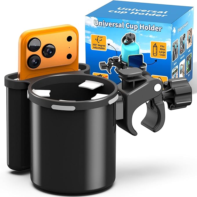 Universal Clamp-on 2-in-1 Cup Holder & Phone Holder for Stroller, Walker, Wheelchair, Fits 12oz-40oz Drinks, Multifunctional Storage Organizer