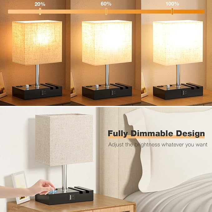 Beige Bedside Table Lamps Set of 2 - Dimmable, USB C+A, 2 AC Outlets | Dimming By Rotary Knob, USB C+A Ports, 2 Phone Stands, LED Bulbs Included, Rectangle Beige Lampshade, for Living Room, Desk