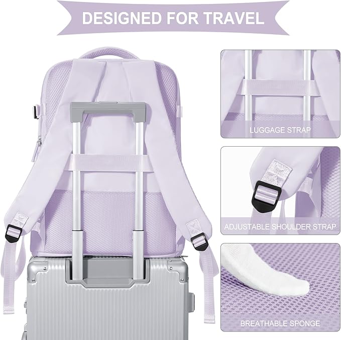 coowoz Large Travel Backpack For Women Men,Carry On Flight Approved,Hiking Waterproof Outdoor Sports Rucksack Casual Daypack Fit 15.6 Inch Laptop Shoes Compartment (Purple)