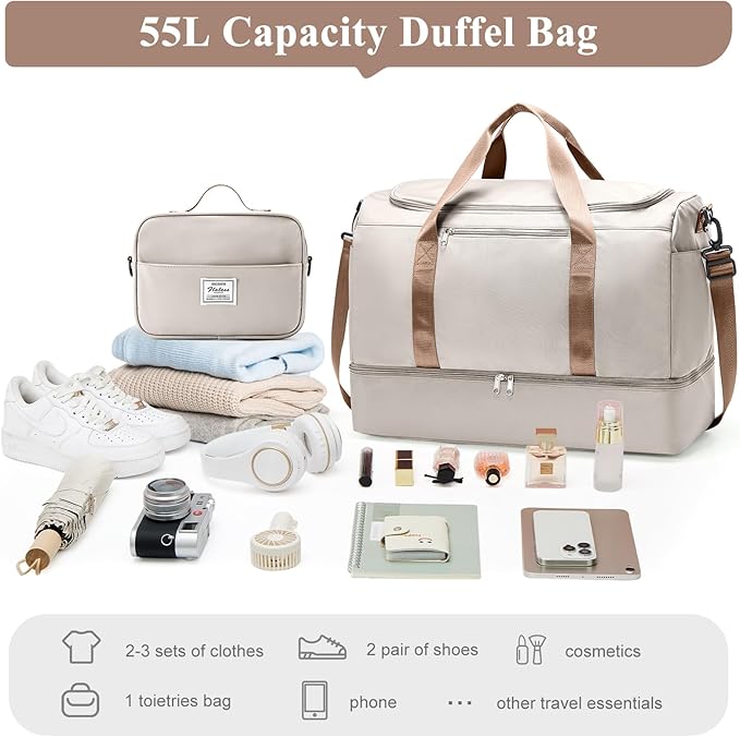Extra Large Travel Duffle Bag with Shoe Compartment & Toiletry Bag, XL Weekender Bags for Women, Carry On Overnight Bags for Gym Sports, Water-Resistant Hospital Bag for Labor and Delivery