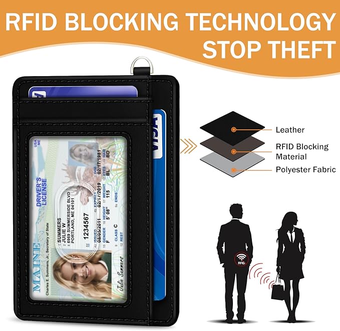 Yonlevres Skeleton Credit Card Holder Slim Wallet, RFID Wallet Women Front Pocket Wristlet Lanyard, Small Card Holder Travel Cute Thin Card Case ID Window PU Leather Funny Card Organizer Gifts Girls