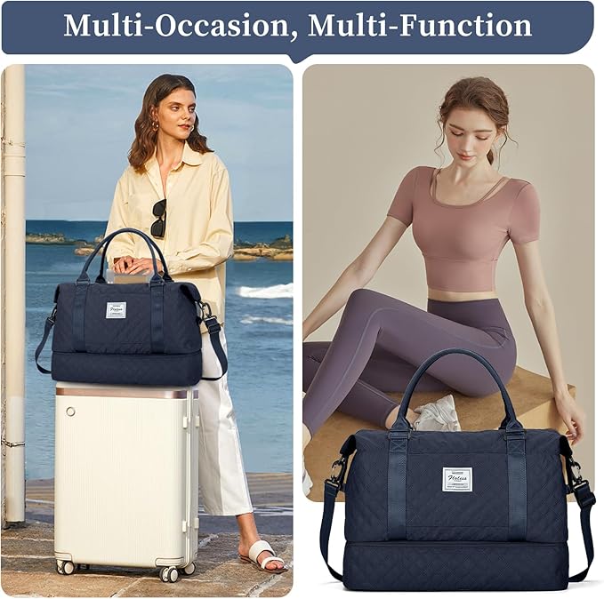 Weekender Bags for Women, Carry on Overnight Weekend Travel Duffel Bag with Shoes Compartment &Toiletry Bag, Personal Item Bag for Travel Business Trips Sport Hospital，Grid-NavyBlue