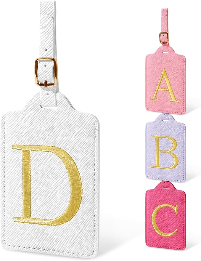 Initial Letter Luggage Tags for Suitcases, Embroidered Monogrammed Suitcase Luggage Identifier Name Tag, PU Leather TSA Approved Luggage Tags, Bag Tags for Men Women Kids Luggage Handbags(White D)