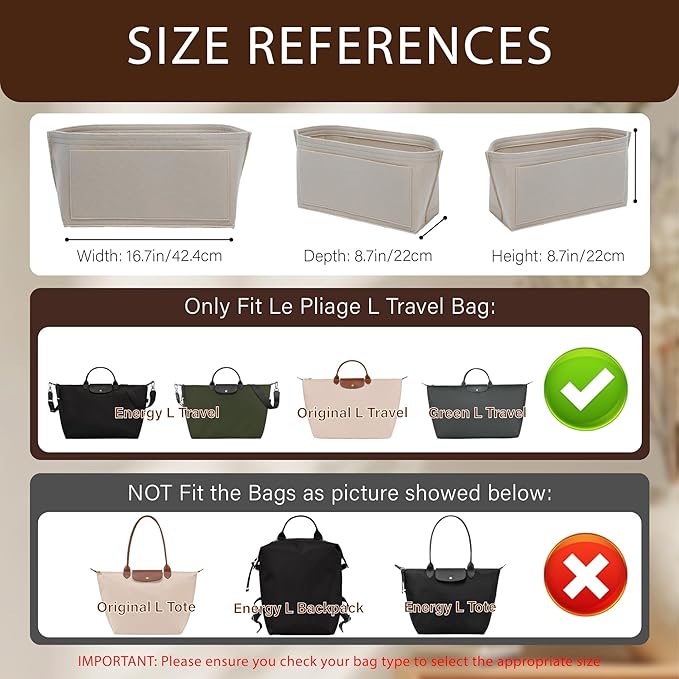 Premium Felt Purse Organizer Insert for Longchamp Le Pliage, Zipper Long Champ Bag Organizer Insert with Cup Holder, 9 Compartments