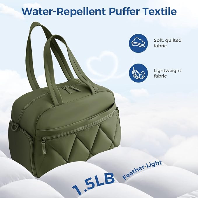 Gym Bag for Women, Puffer Travel Duffle Bag With Shoes Compartment & Wet Pocket, Carry On Tote Bag For Weekender, Overnight, Sport (Green, Large)