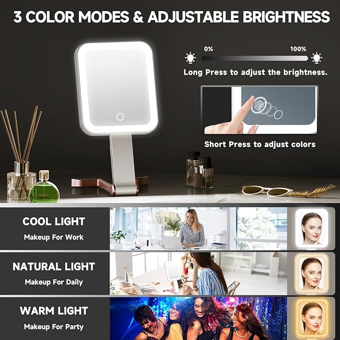 Mocado Travel Makeup Mirror with Lights,20X/1X Magnifying Mirror with Light, Double Sided Travel Mirror with 3 Color Light,Dimmable Touch,Lighted Makeup Mirror for Tabletop,Handheld,Hanging(Rose Gold)