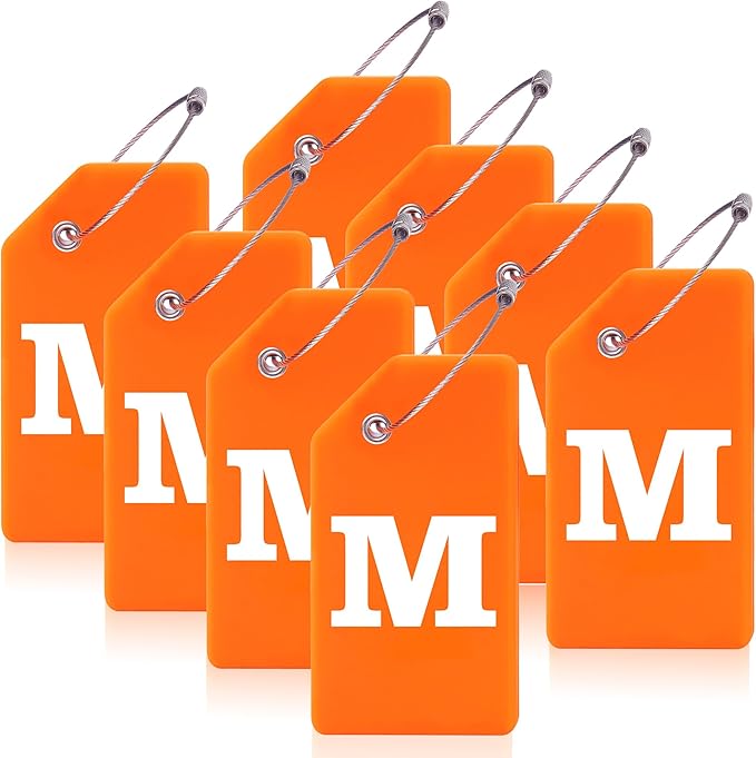 Gostwo 8 Pack Luggage Tags for Suitcases, 26 Initial Letter Travel Luggage Baggage Identification Labels ID Tags Fully Bendable Tags with Stainless Steel Loop (Letter M, Orange)
