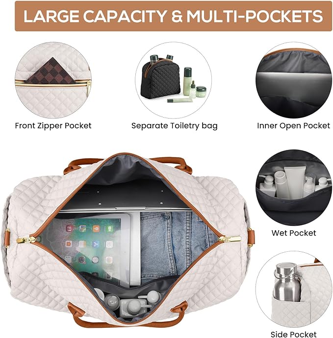 Travel Weekender Duffle Bags for Women - Duffel Bag with Shoe Compartment Carry On Overnight Bag with Toiletry Bag with Wet Pocket for Gym Hospital Bags for Labor and Delivery Black White Brown