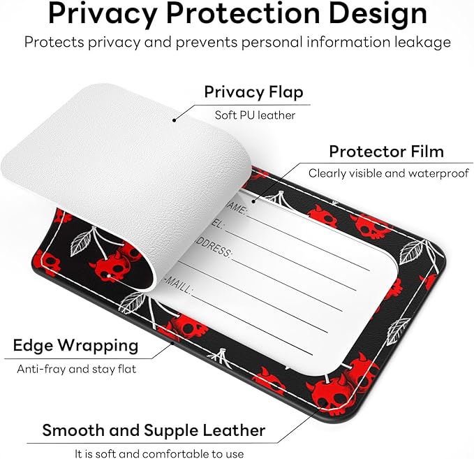 2 Pack PU Leather Luggage Tags for Suitcases, Privacy Protection Cover with Stainless Steel Loop and Address Card, Travel Cruise Essentials (Red Skull)