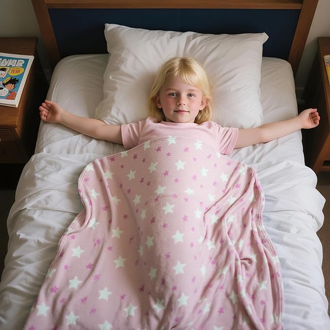 3-in-1 Kids Travel Blanket and Pillow Set - 40x60 Inches Soft Pink Star Design,Kids Travel Blanket Airplane Compact with Bag, Potable Pillow Blanket for Travel Airplane Train Bed Office