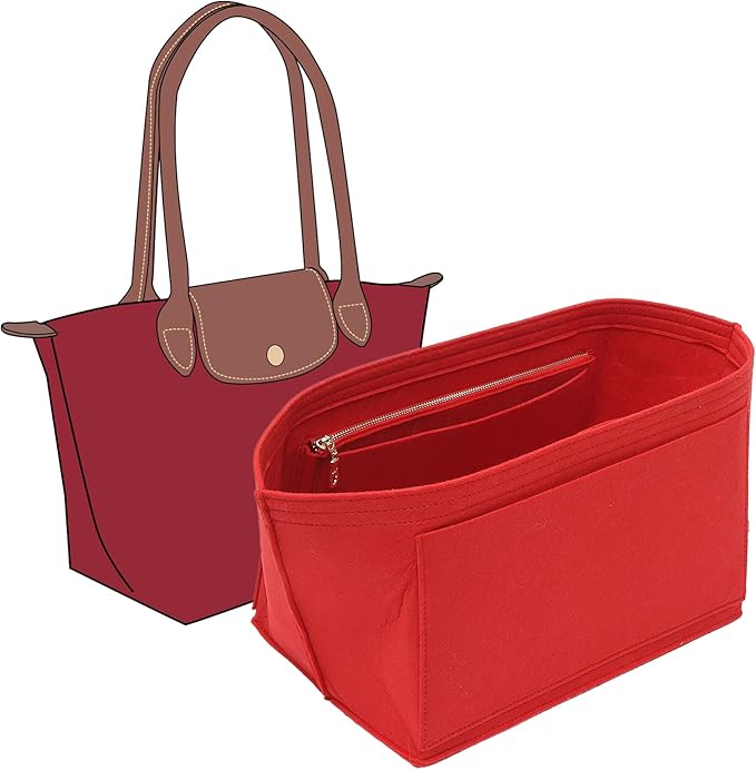 Fit Longchamp Organizer Insert, for Long Champ Le Pliage L Bag Handbag Women, with Cup Holder, Large/Red