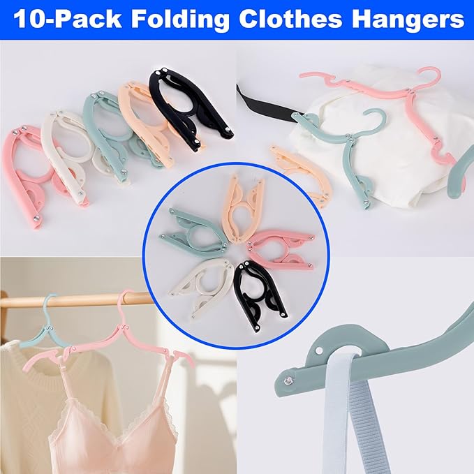 10 Pack Foldable Travel Hangers - Folding Hangers & Collapsible Hooks for Cruise/RV/Hotel/Dorm - Space-Saving Portable, Lightweight Compact Travel Essentials (Assorted Colors)