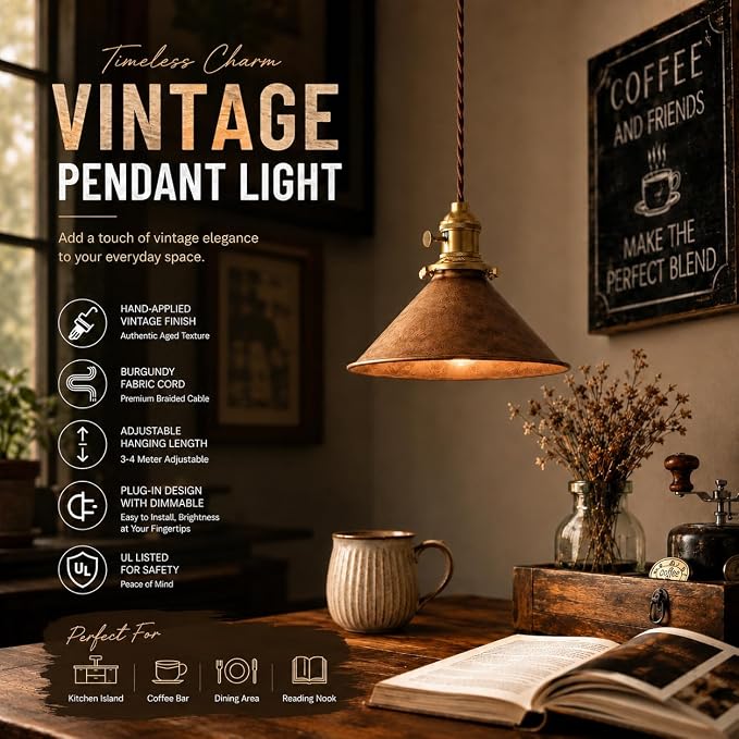 Hanging Light Plug in,Vintage Hanging Lamp Plug in with Rusted Copper 8.2 Inch Shade and Adjustable 13Ft Cord Antique Farmhouse Pendant Light Kitchen Island Bedroom and Sofa