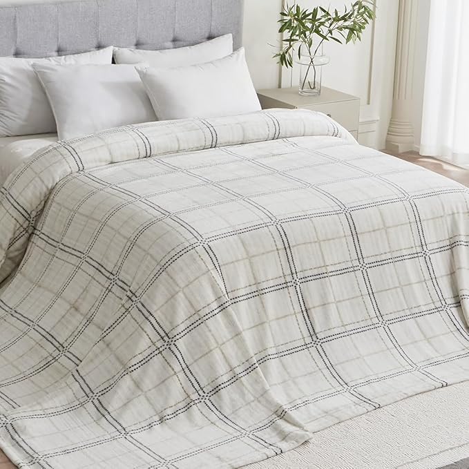 Soft Cozy 120x120 Inches Seamless Oversized King Fleece Blanket, Line Pattern Giant Huge, Extra Large 10'x10' California King Blanket for Sofa, Family, Travel, Line Ivory Grey