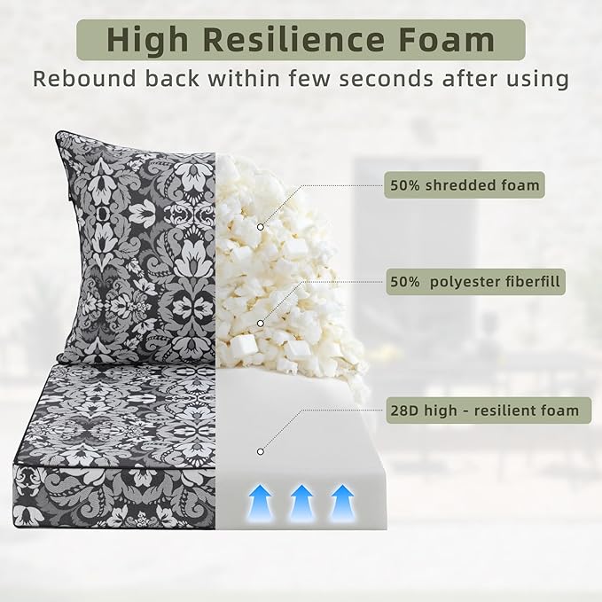 Favoyard Outdoor Seat Cushion 24 x 24 x 4 in Waterproof Pattern Fade Resistant Cover Removable Patio Furniture Cushions Deep Seat & Back Cushion Set with Adjustable Straps for Patio Chair Sofa Couch