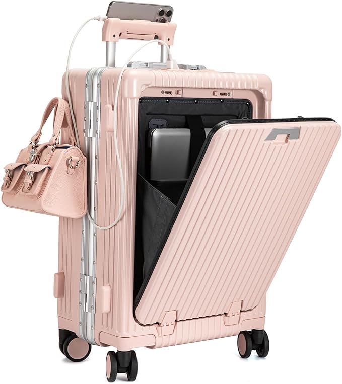 feilario 20in Aluminium Frame Zipperless PC Hard Shell Spinner Wheels Luggage, Built-In TSA lock Carry on Suitcase, with Cup Holder, USB Port, Phone Holder