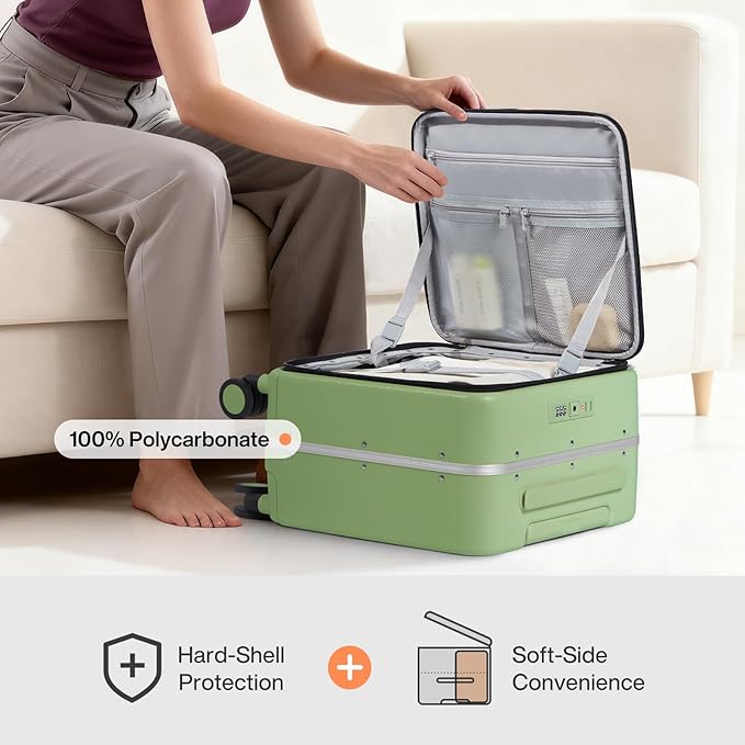 mixi 17x14x9 Carry On Luggage Underseat PC Hard Shell Suitcase Top Opening Aluminum Frame Travel Suitcases with Wheels, Avocado Green