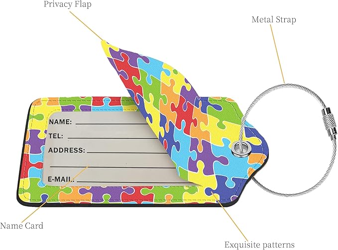 2 Pcs Luggage Tags for Suitcase, Cute Unique PU Leather Travel Bag Tag with Privacy Cover ID Label Address Card and Durable Metal Ring Suitable for Men Women Children Backpack,Jigsaw