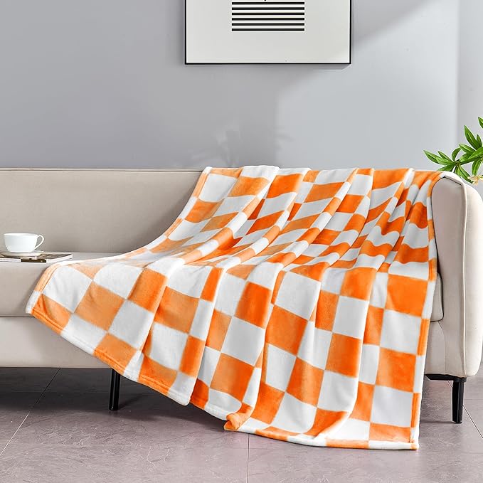 Orange Checkered Blanket, Soft Cozy Fleece Checkered Throw Blankets for Bed Sofa Couch Camping, Ultra Fluffy Throws for All Seasons, 50x60 Inch, Orange