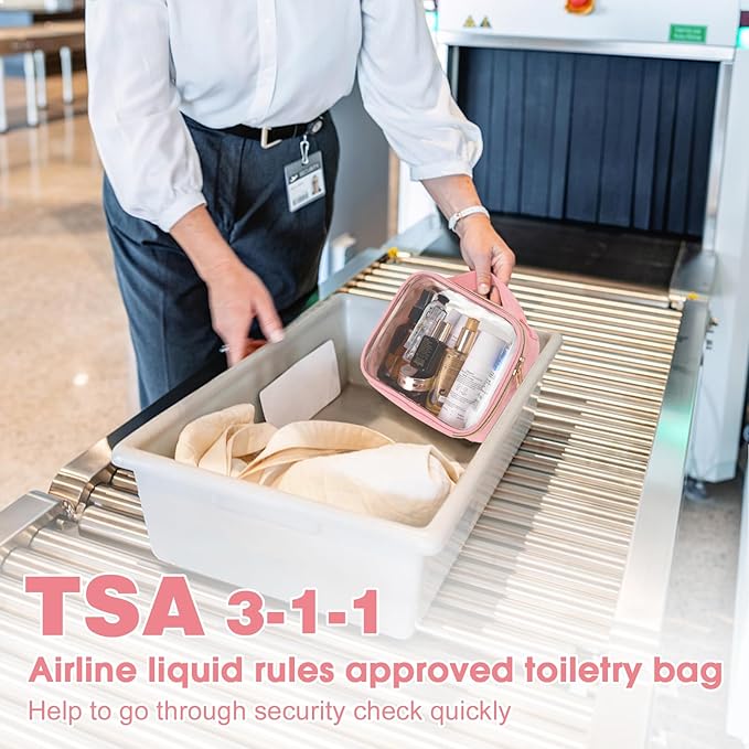 Wedama TSA Approved Toiletry Bag, 3 Pack Clear Makeup Bags with Handles, Quart Size Clear Toiletry Bags, PVC Cosmetic Bags for Women and Men, Carry on Airport Airline Comp (Pink, 3 Pack, Medium)