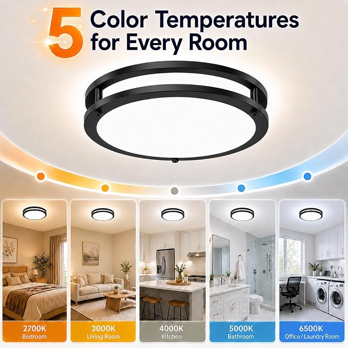 13Inch 36W Modern LED Ceiling Light Fixtures, 1-Pack Black Dimmable Flush Mount Ceiling Lights 3600lm, 2700K/3000K/4000K/5000K/6500K Adjustable Round led Lamps for Bathroom Bedroom Hallway Kitchen
