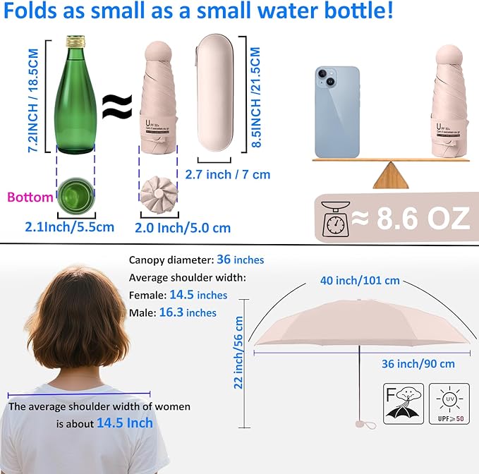 BAODINI Travel Essentials Mini Umbrella for Purse With Case Small Compact UV Sun Protection Lightweight Tiny Pocket Manual Open Close Umbrella for Women Kids and Men Fits Purse Backpack