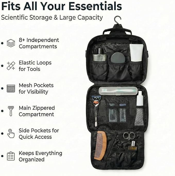 Mens Toiletry Travel Bag, Tactical Toiletry Bag for Men, Bathroom Hanging Travel Toiletry Bag for Men Shaving Hygiene Bag Travel Toiletry Organizer Short Trips Bag, Black