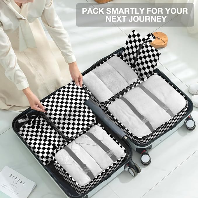 8 Set Packing Cubes for Suitcases,Packing Cube with Shoe, Cosmetics, Clothing, and Accessories Bags Packing Cubes for Travel Luggage Organizer Women Men(Black White Checkered)