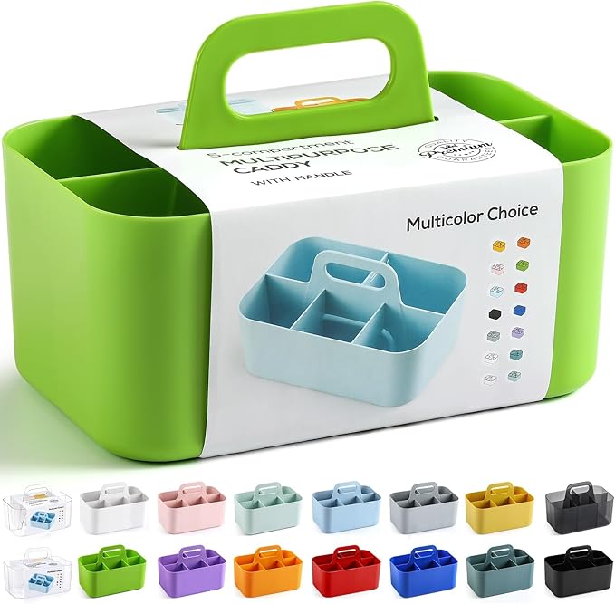 Multiuse Caddy Organizer with Handle, Portable Divided Plastic Tote Bin - Art Craft, Stationary Pen Marker Crayons, Makeup Hair Supplies Storage - Bathroom, Classroom, Dorm, Office, Desk Holder -Green