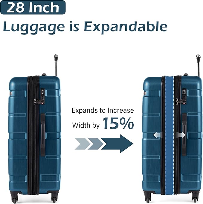 Coolife Expandable Large Checked Luggage Hardside PC+ABS Suitcase with TSA Lock, Lightweight Rolling Carry On with Spinner Wheels(Caribbean Blue, 28in)