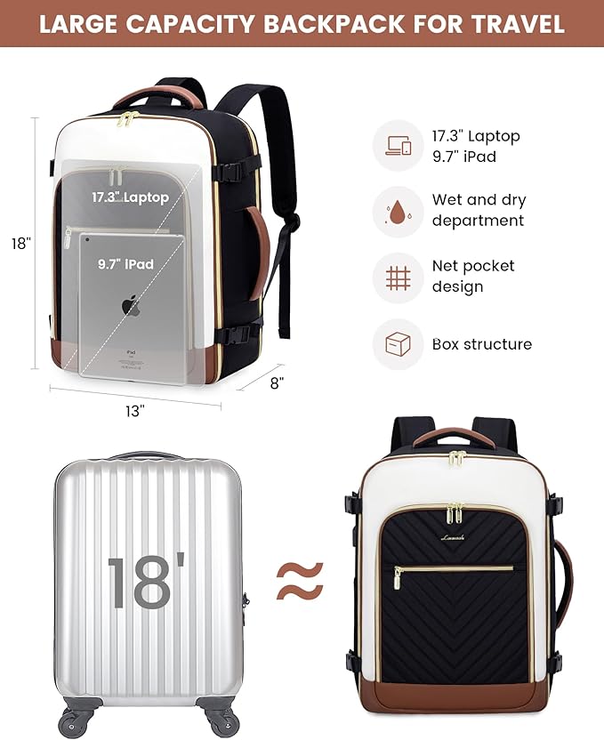 LOVEVOOK Large Travel Backpack for Women, TSA Carry on Backpack for Airplanes, 50L Personal Item Travel Bag for Women fits 17" Laptop,Waterproof Carry on Bag Airplane Approved with 3 Packing Cubes