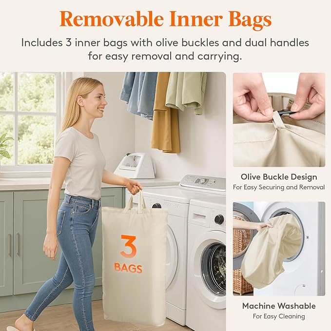 Lifewit 165L Large Laundry Basket with Lid, Laundry Hamper with Plastic Handles and Removable Bag, Foldable Tall Dirty Clothes Hampers for Laundry for Laundry Room, Bedroom, Bathroom, Dorm, Beige